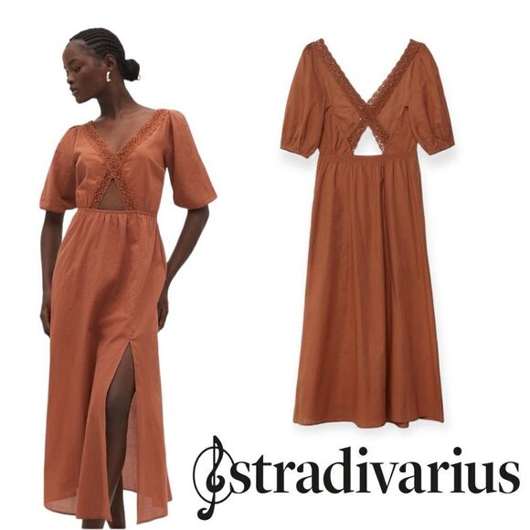 STRADIVARIUS | Camel | DRESS WITH CRISS-CROSS BACK - Picture 1 of 13